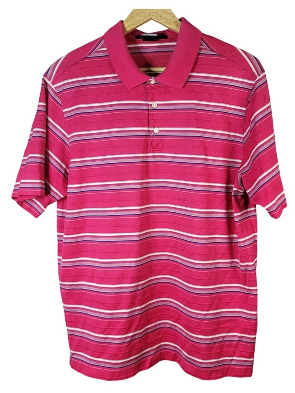 Nike Tiger Woods Mens Golf Shirt Pink Large Stripe Short Sleeve Dri-Fit Polo
